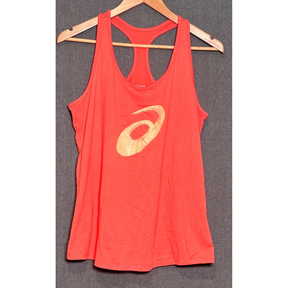 ASICS Womens Racerback Tank Top Coral Pink Graphic Logo Athletic Running Large
